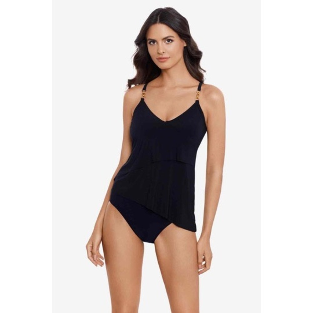 Magicsuit Eliza Chain-Link Women 10 Black New Ruffle Gold Chain Hardware $134